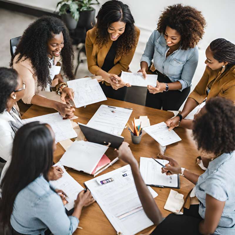 Diverse women engaging in leadership development planning