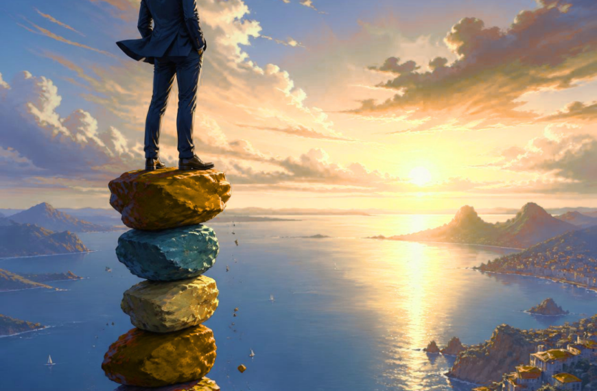 man in suit standing on balanced rocks.